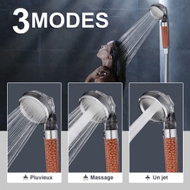 Filter Shower Head with Spa Massage Tube | Anti-Limestone & Chorlor, Ionic Filtering, Water-Saving - Eco Water | 3 Modes | 100% French Brand