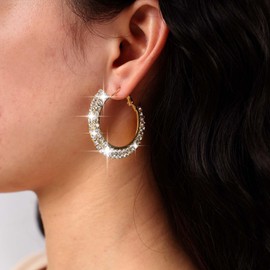 TseenYi Boho Rhinestone Earrings Gold CZ Large Hoop Earrings Sparkling CZ Crystal Hoop Earrings Bridal Statement Rhinestone Wedding Earrings Jewellery for Women and Girls, Crystal