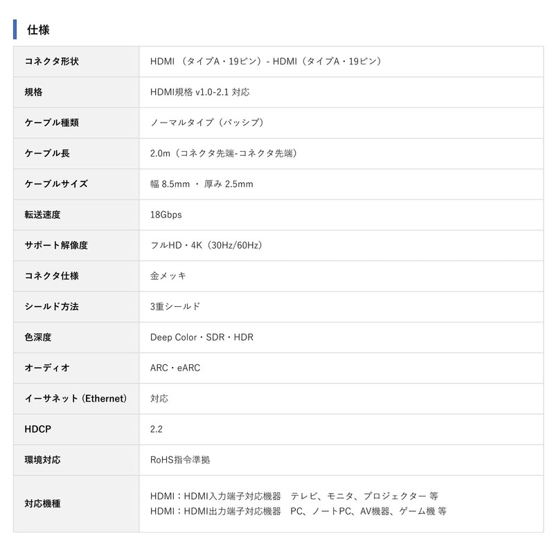 Small Flat Type HDMI Cable, 6.8 ft (2.0 m), Supports