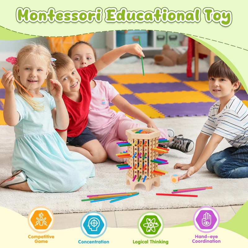 Whimsiplay Montessori Game Wooden Board Game, 36 Colorful Wooden Sticks