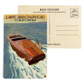 Lake Arrowhead, California, Wooden Boat (4x6 Birch Wood Postcards, 2-Pack Stationary, Rustic Home Wall Decor)