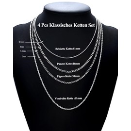 CASSIECA 4pcs Stainless Steel Chain Necklace for Men Women Silver Rope Chain for Pendant Cuban Link Chain Figaro Rolo Necklace Set, Stainless Steel