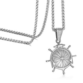 murtoo Compass Silver Necklace for Men Stainless Steel Rope Chain Womens Necklace Silver Compass Necklace Gifts for Men/Women Rudder，24''