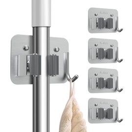 nacena Broom Holder Wall Mount 4 Packs Silver Stainless Steel Mop and Broom Hanger with Hooks Heavy Duty Broom and Mop Organizer Wall Hanging for Bathroom, Kitchen
