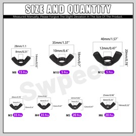 Swpeet 135Pcs Black High Strength Carbon Steel Serrated Metric Wing Nuts Butterfly Nuts Hex Dome Cap Assortment Kit, 7 Sizes - M3 M4 M5 M6 M8 M10 M12