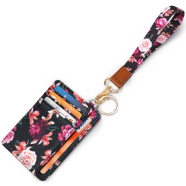 Slim Front Pocket Wallet RFID ID Card Holder Cute Small Wallet with Keychian for Women, Z Black Flowers+lanyard, Card Holder+Lanyard
