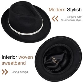 FADACHY Fedora Hats for Women & Men Trendy Short Brim Felt Hat with Rhinestone Belt Trilby Panama Dress Hat, Black Fedora