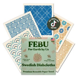 FEBU Swedish Dishcloths for Kitchen | 5 Pack Japanese Reusable Paper Towels Washable | Swedish Dish Towels | Non-Scratch Cellulose Sponge Cloths | No Odor, Biodegradable Cleaning Cloths