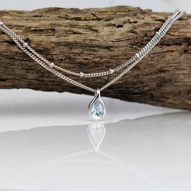 Ojewellery Sterling Silver Aquamarine Pendant Teardrop and Beaded Layer Chain