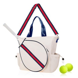 Tennis Bag Tennis Racket Tote for Women & Men Unisex - Sports Racquet Pickleball, Badminton, Squash Case Convertible Shoulder/Crossbody Strap Stylish Design, Large Compartment (Ivory/Red Stripe)