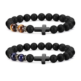 Cross Tiger Eye Stone Agate Bracelet - Natural Stone Tiger Eye Elastic Beads Bangle - Black Matte Agate Beads Bracelet Bangle for Men Women