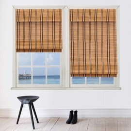 TJ Global Cordless Flatstick Bamboo Roman Window Blind Sun Shade, Light Filtering Shades with 7-Inch Valance - Natural Bamboo (44" x 64")