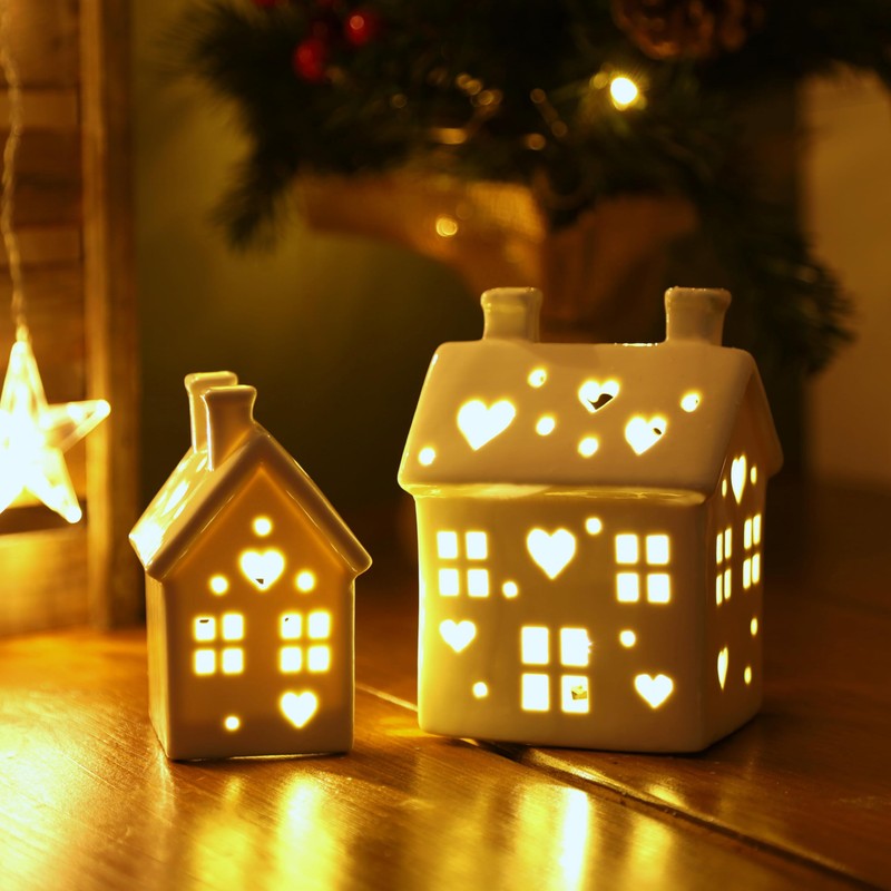 Fyne-Finds Warm LED House White Gloss Ceramic Hut Set Pair