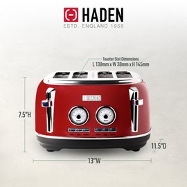 Haden Dorset 4 Slice Wide Slot Stainless Steel Toaster with Adjustable Browning Control & Non-Slip Feet, Rectory Red