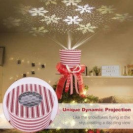 Lewondr Christmas Tree Topper, Hat Snowflakes Projector Christmas Hat Christmas Tree Topper, Christmas Decoration Striped Elf Hat Tree Topper for Christmas, New Year, Holiday, Party, Home, Red & White