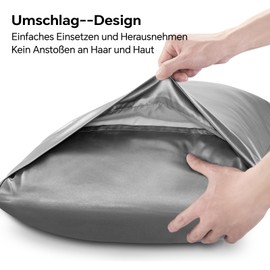 BEDELITE Pack of 2 satin cushion covers, 50 x 80 cm, grey, 2 satin pillowcases with 2 hair ties, soft as silk pillowcase, better care than silk pillose case