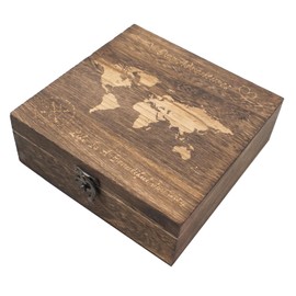 JINGHANGER Adventure Archive Box Adventure Wooden Box 19.5 x 19.5 x 7 cm Wooden Box Storage Box World Map Pattern Memory Box Travel Collection Box