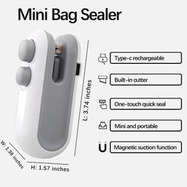 Mini Bag Sealer, 2 in 1 USB-C Rechargeable Heat Sealer and Cutter with Magnet, Portable Handheld Food Storage Resealer Mini for Plastic Snack Bags, Chips, Mylar Bags - White