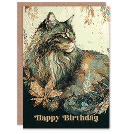 Artery8 Happy Birthday Maine Coon Cat with Leaf Pattern Birthday Card