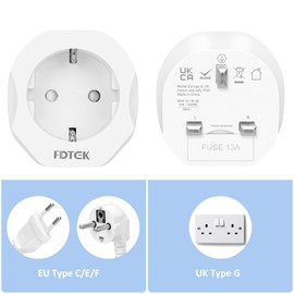 European to UK Plug Adaptor, FDTEK Plug Adapter 2 Pack, EU 2 Pin to 3 Pin Travel Adapter Plug Converter From France, Germany, Spain, Poland, Sweden, South Korea to UK-White