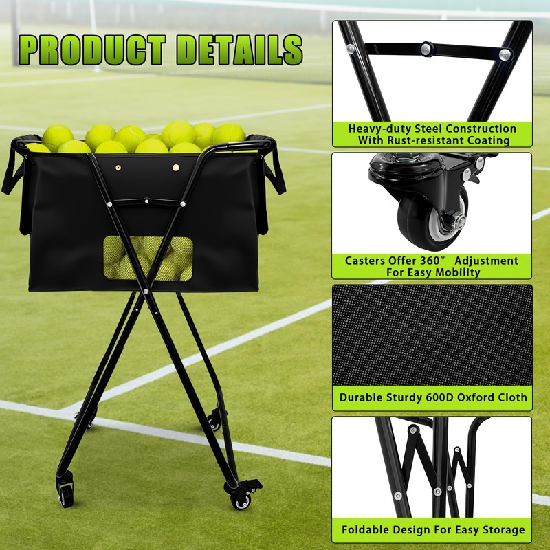 Jacgood Tennis Ball Hopper Cart with 4 Wheels，Foldable Large Capacity