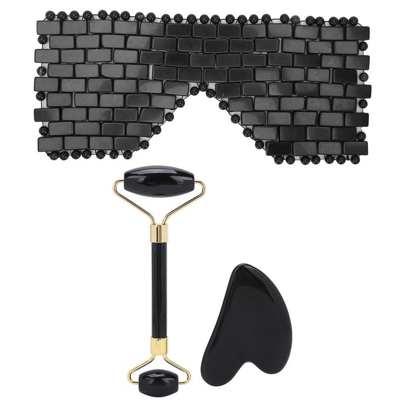 3pcs Obsidian Facial Roller Gua Sha Board Therapy Blindfold Beauty