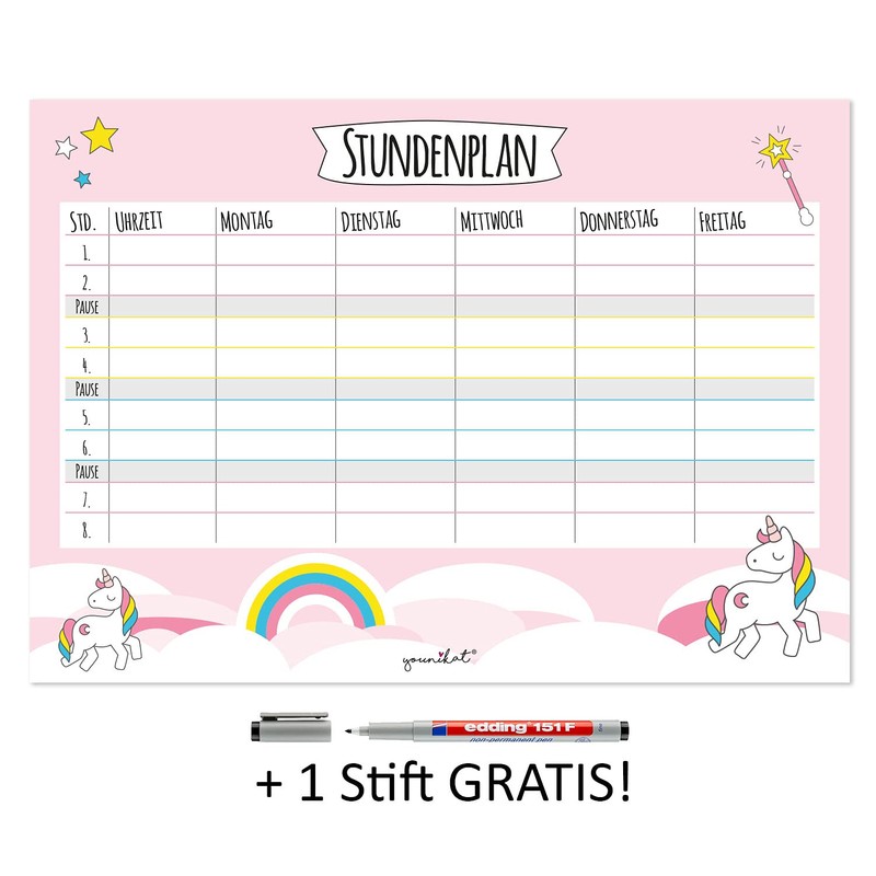 younikat Girl’s Unicorn Timetable, DIN A4, For Beginning School