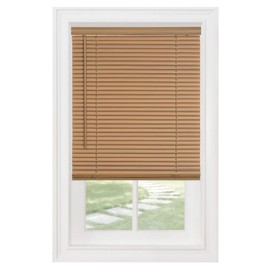 PowerSellerUSA 1" Slats Cordless Window Blinds, 64L x 36W Inches Solid Pattern Light Filtering Vinyl Indoor-Outside Ceiling Mount Mini Blind, Manual Cordless Rollup Window Privacy Blinds, Woodtone
