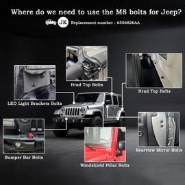Screws Bolts for Jeep Wrangler JK,M8 Bolts Applied to Windshield Frame| Roll Bar | Tailgate | Hard Door Hinges | LED Light Brackets | 8Pcs