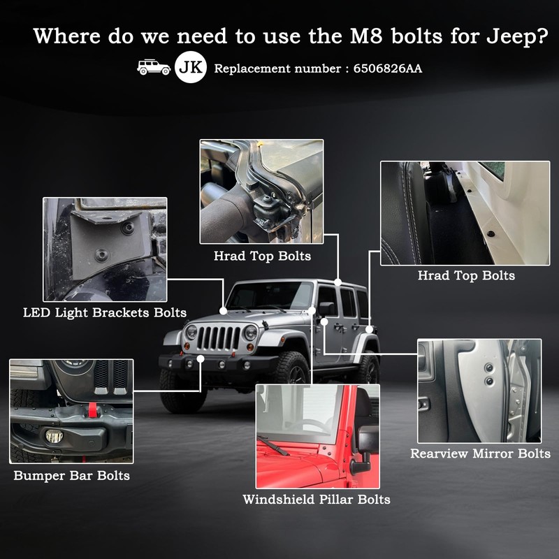 Screws Bolts for Jeep Wrangler JK,M8 Bolts Applied to Windshield