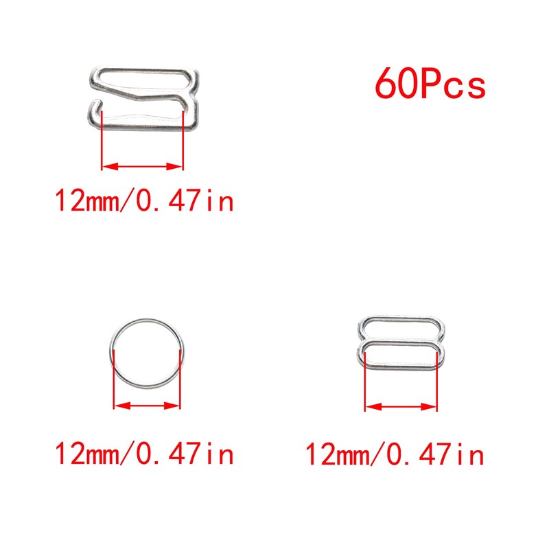 Lilaly 60 Pcs 12mm Bra Hooks for Straps 3 Styles