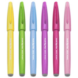 Pentel Brush Sign Pen SES15C - Brush Nib - Fibre Tip - Spring Tones - Set of 6 - In Gift Box