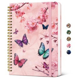Lined Spiral Journal Notebook for Women, Pretty A5 College Ruled Hardcover Notebook for Work & Note Taking, Cute Aesthetic Journal for Writing, 140 Pages, Pink Floral & Butterfly