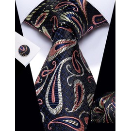 YourTies Silk Paisley Floral Tie and Pocket Square Cufflinks with Lapel Pin Sets for Men 5PC Wedding Party, Pink and Blue Paisley, Medium