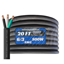 WindyNation 20 Feet 6/3 6 AWG SOOW SO Cable Cord Wire - 6 Gauge 3 Conductor 600V Portable Power Extension Cord Cable for EV Chargers, Motor Leads, Portable Lights, Battery Chargers, and Machinery