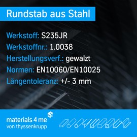 Thyssenkrupp Round Steel Profile, Round Rod Made of Rolled Steel, Material: S235JR in various sizes and lengths.