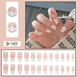 JUSTUSNX 24pcs Long Square French Fake Nails Nude False Nails Pearl Heart-Shaped Crystal Press on Nails for Women and Girls (B)