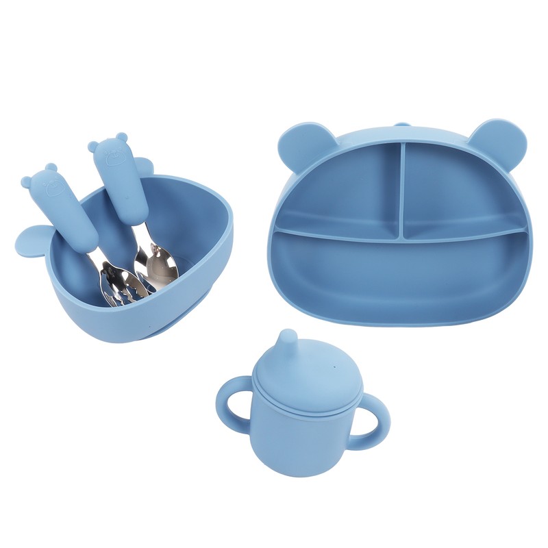 5pcs Baby Feeding Kit Food Grade Silicone Bear Design Plate