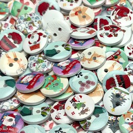 Libiline 100pcs 20mm(3/4") Christmas Wood Buttons 4 Holes Craft Clothes Sewing Button Santa Tree Claus Snowflake Deer Jinglebell