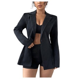 SweatyRocks Women's 2 Piece Outfits Long Sleeve Button Blazer and Fitted Shorts Business Suits Black Small