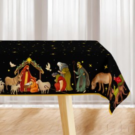 Yarcooly Christmas Nativity Tablecloth Holy Nativity Tablecover Religious Scene Table Decor Christmas New Year Xmas Decor Nativity Decorations for Home Party