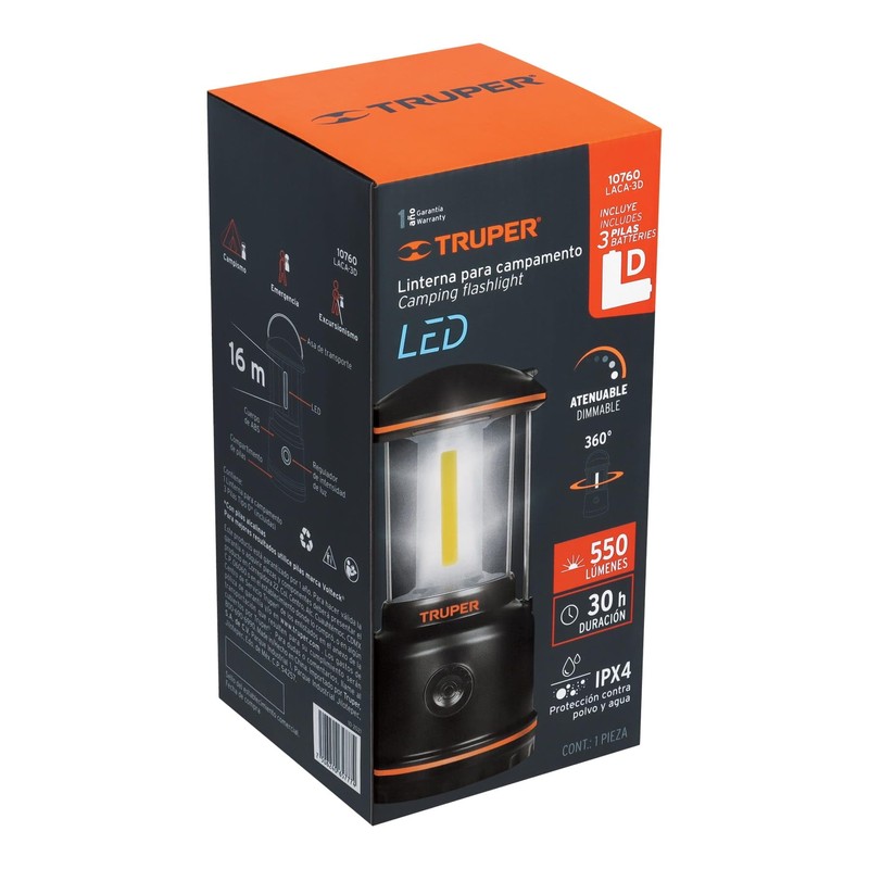 Truper LACA-3D Lámpara LED de campamento, tipo farol, incluye 3