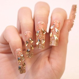 24Pcs Press on Nails Long Coffin Square,French Tip Fake Nails Long with Nude Glitter 3D Rhinestones Designs Full Cover Glossy Glue on Nails Thick Acrylic False Nails Cute Stick on Nails for Women Girls CZ293-B7