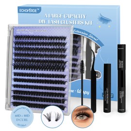 EchoVerde DIY Lash Extension Kit 3D Fluffy,10-16mm Length 60D 80D Lash Clusters Kit. Easy to Use with 2-in-1 Glue,Lash Comb, Tweezers, and Lash Remover for a Natural Drama Look (144pcs,D Curl 0.07D)