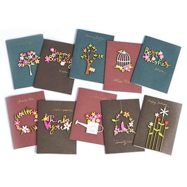 moin moin Message Cards + Inner Paper + Envelopes Set of 10 | Thank You, Thank You, Birthday, Birthday Greeting | 3D 3D Foil Stamped Gold | Tree, Forest, Flower, Flower