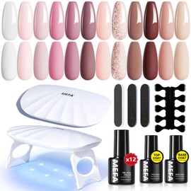 MEFA 19 Pcs Gel Nail Polish Kit with U V Light, 12 Colors All Seasons Nude Milky White Soak Off Gel Polish Nail Set with Base Top Coat Essential Manicure Tools Beginners Salon Nails DIY Art