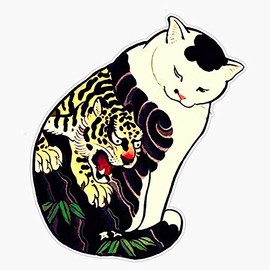 Antique Japanese Woodblock Print Cat With Tiger Tattoo Waterproof Vinyl Window Bumper Sticker Decal 5"