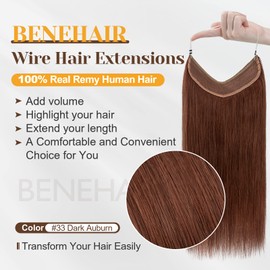 Benehair Human Hair Extensions Thick Ends Invisible Wire Real Human Hair with 2 Fish Lines Thicker Hairpieces 20inch 110g Dark Auburn Hair Extensions Straight Thicker Hairpieces for women #33