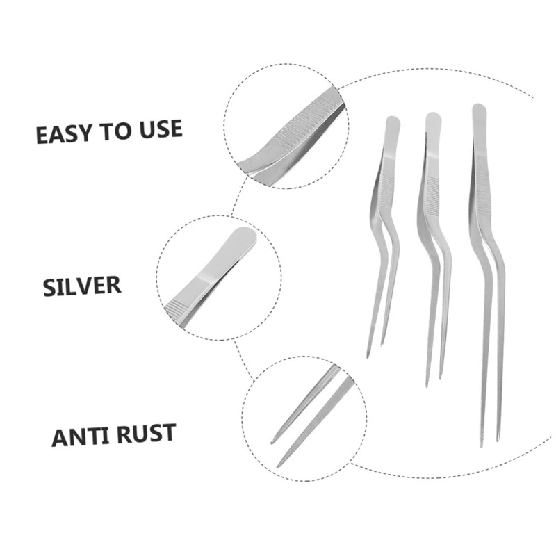 GLEAVI 3Pcs Stainless Steel Food Tweezers Curved Tip Tweezers for