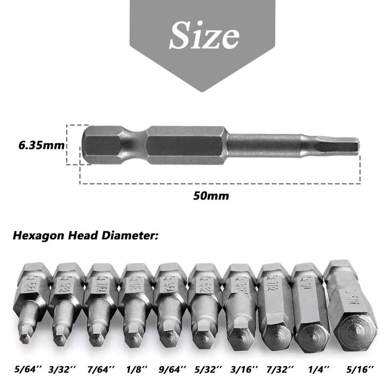 Mesee 10 Pieces 50mm Inner Hex Head Magnetic Screwdriver Bits,